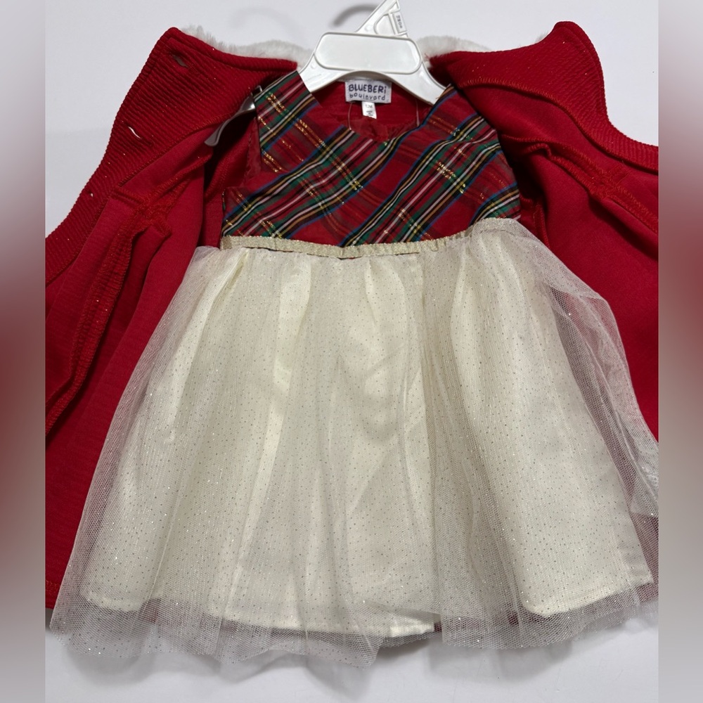 New Infant Girls 12M 2-Pc Set Cream/Plaid Dress & Red Coat W/Faux Fur Trim Bows